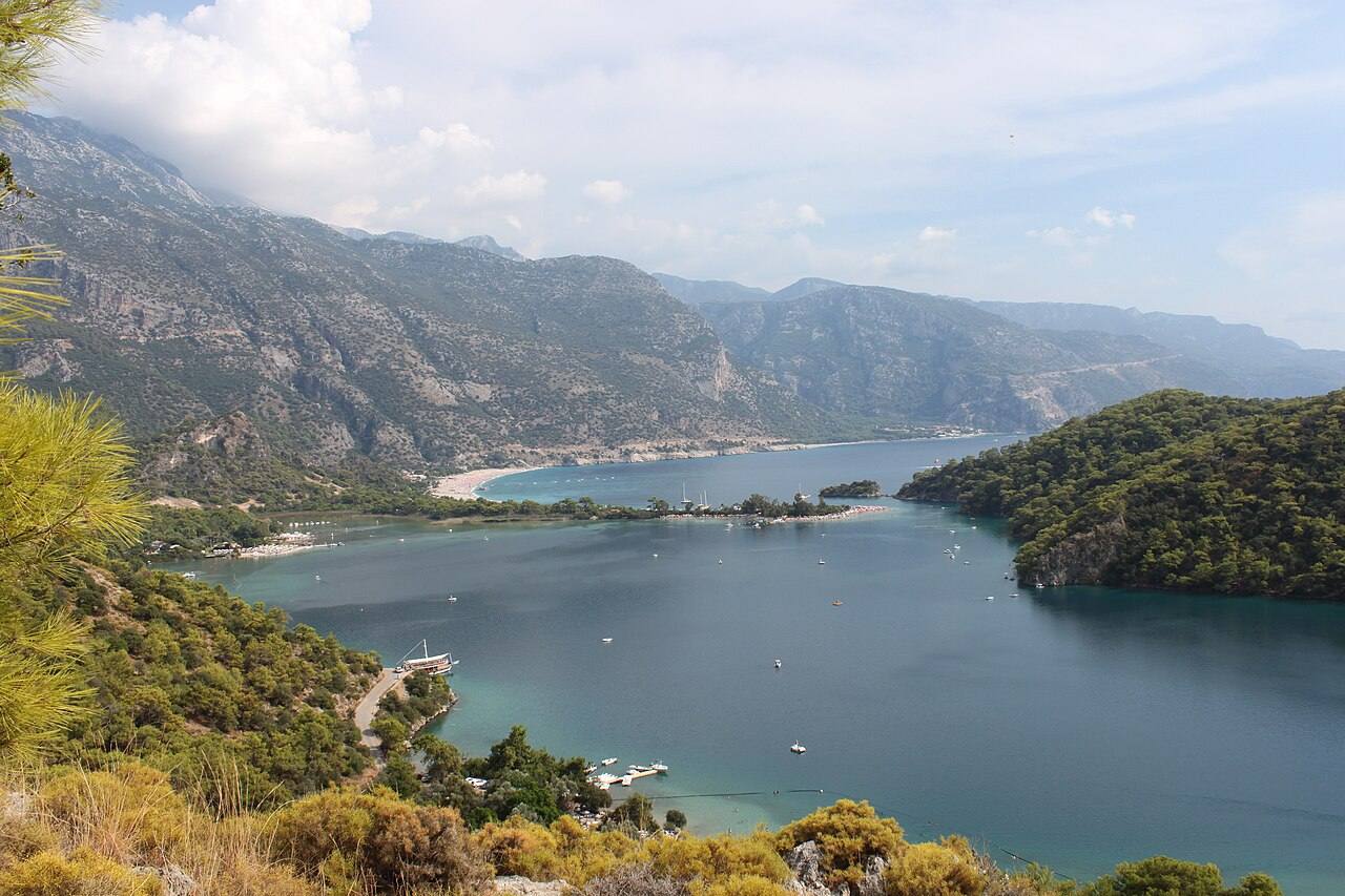 Ölüdeniz lagoon, wooded shores and surrounding mountains viewed from the north