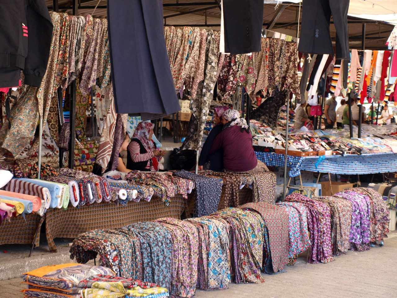 Textile stalls at a market in Ortaca, Muğla